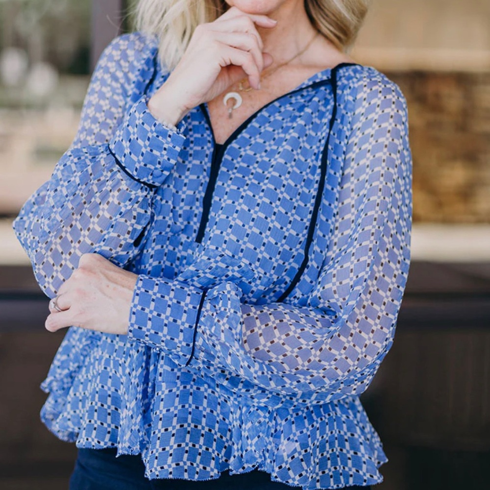 Joie Blue and White Silk Ruffle Blouse